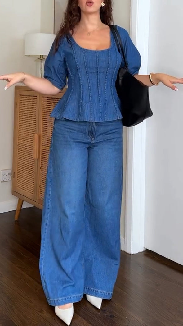 Women U-neck Splicing Top + Pants Casual Denim Suit
