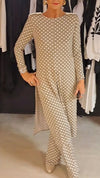 Women Round Neck Polka Dot Slit Top + Pants Casual Suit