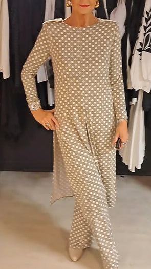 Women Round Neck Polka Dot Slit Top + Pants Casual Suit