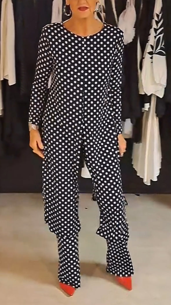Women Round Neck Polka Dot Slit Top + Pants Casual Suit