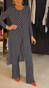 Women Round Neck Polka Dot Slit Top + Pants Casual Suit