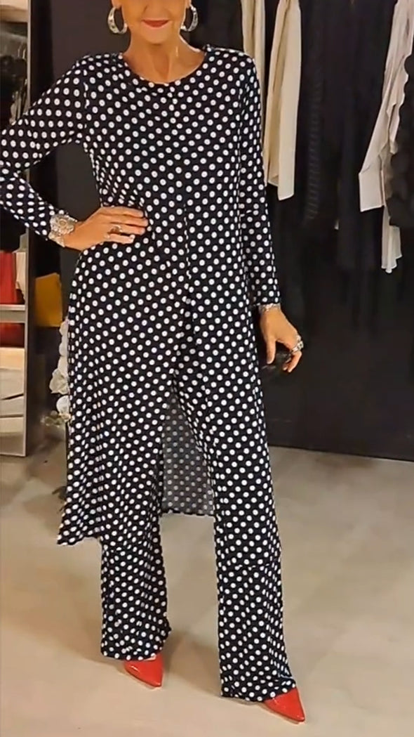 Women Round Neck Polka Dot Slit Top + Pants Casual Suit