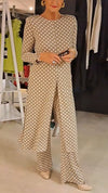 Women Round Neck Polka Dot Slit Top + Pants Casual Suit
