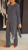 Women Round Neck Polka Dot Slit Top + Pants Casual Suit