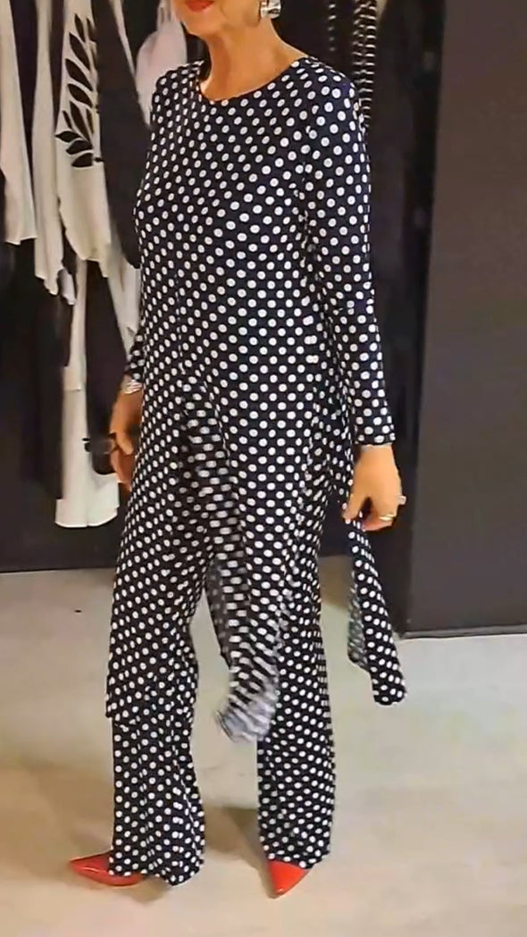 Women Round Neck Polka Dot Slit Top + Pants Casual Suit