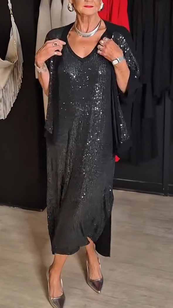 Ladies V-neck Sequined Dress+ Cardigan Casual Set