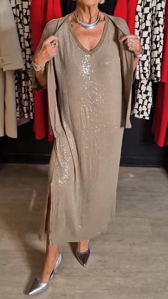 Ladies V-neck Sequined Dress+ Cardigan Casual Set