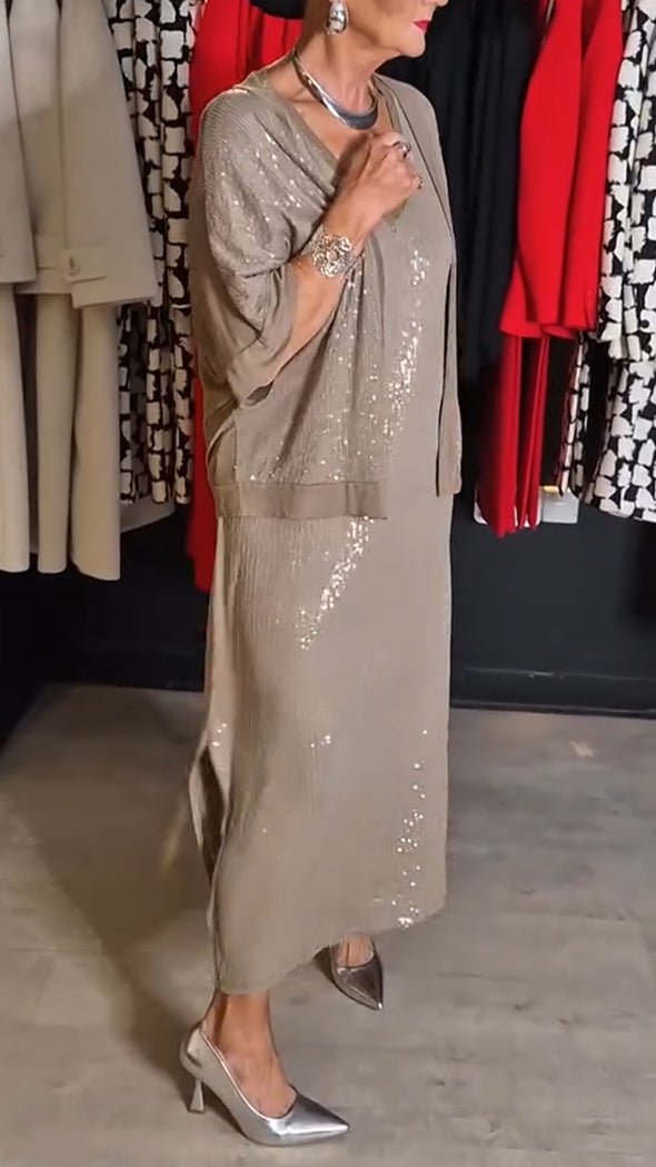 Ladies V-neck Sequined Dress+ Cardigan Casual Set