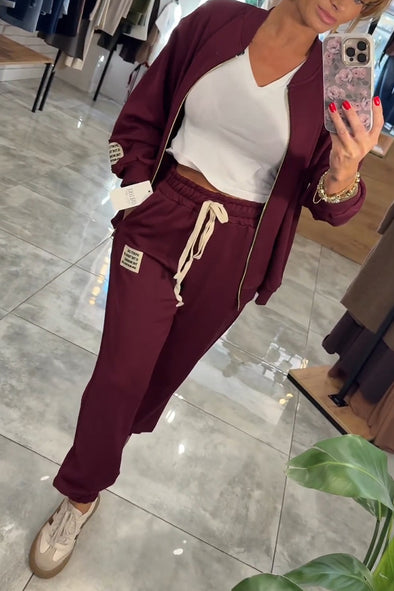 Womens Round Neck Zipper Coat + Pants Casual Suit