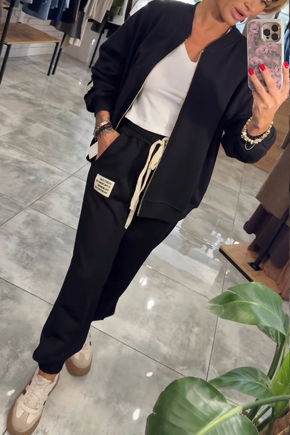 Womens Round Neck Zipper Coat + Pants Casual Suit