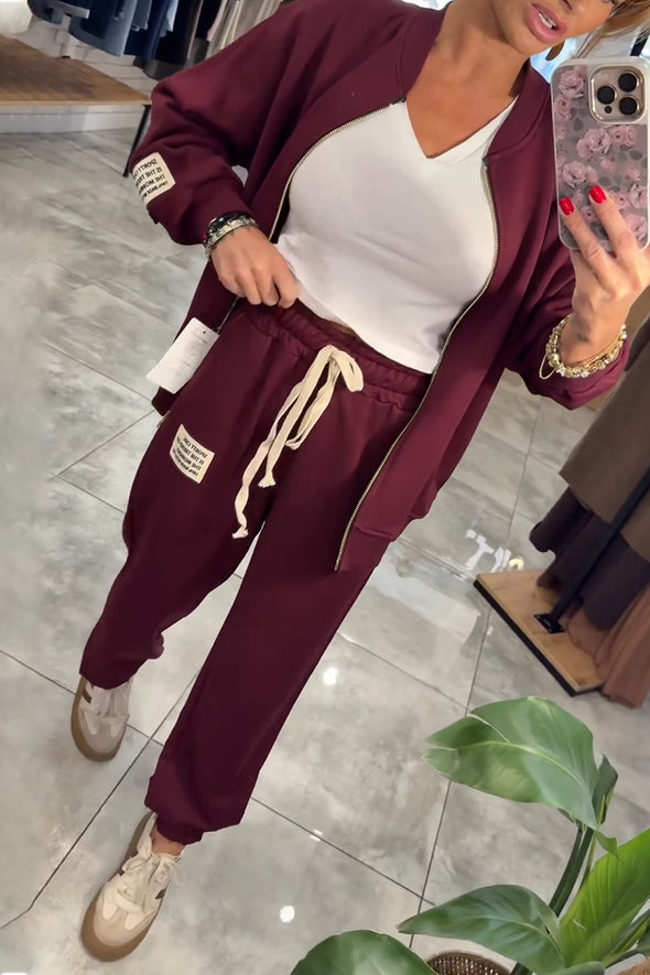 Womens Round Neck Zipper Coat + Pants Casual Suit