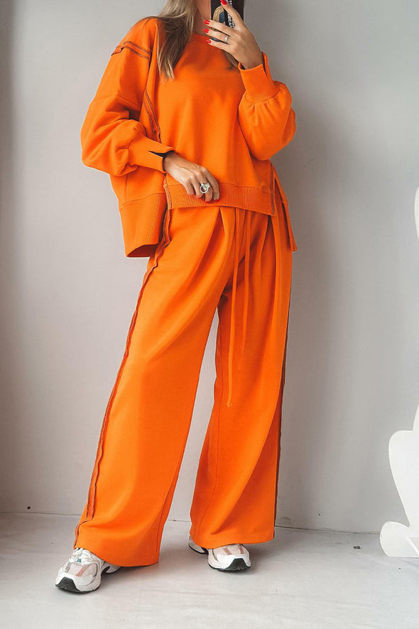 Women Round Neck Spliced Sweatshirt + Drawstring Pants Casual Set