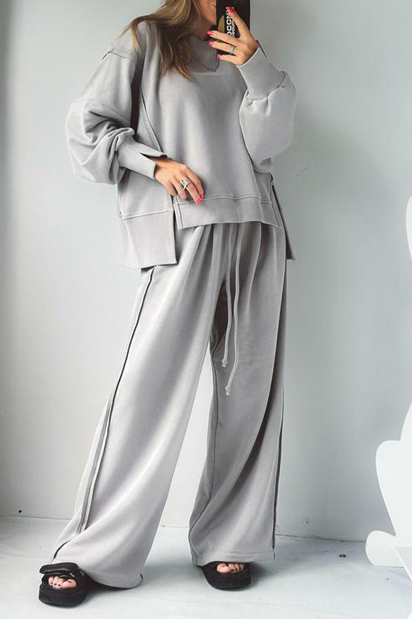 Women Round Neck Spliced Sweatshirt + Drawstring Pants Casual Set
