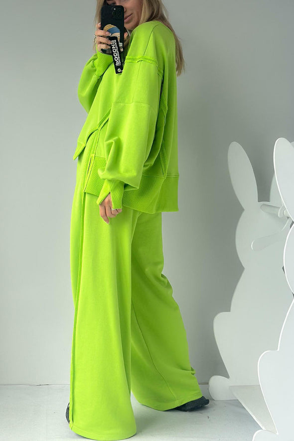 Women Round Neck Spliced Sweatshirt + Drawstring Pants Casual Set