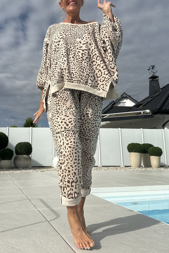 Women's Round Neck Slit Leopard Print Casual Sweatshirt Suit