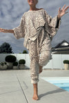 Women's Round Neck Slit Leopard Print Casual Sweatshirt Suit