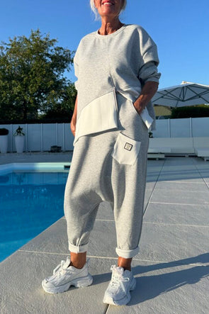 Women's Round Neck Stitching Zipper Top + Harem Pants Casual Suit