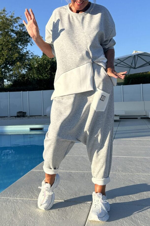 Women's Round Neck Stitching Zipper Top + Harem Pants Casual Suit