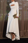Ladies Round Neck Hollow Out Solid Color Elegant Temperament Dress