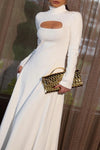 Ladies Round Neck Hollow Out Solid Color Elegant Temperament Dress