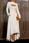 Ladies Round Neck Hollow Out Solid Color Elegant Temperament Dress