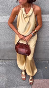 Women Halter Neck Hollow Top + Pants Solid Color Casual Suit