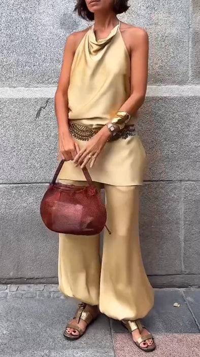 Women Halter Neck Hollow Top + Pants Solid Color Casual Suit