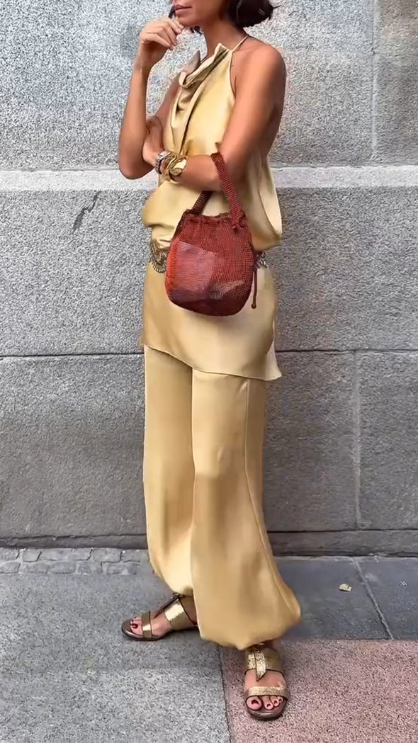 Women Halter Neck Hollow Top + Pants Solid Color Casual Suit