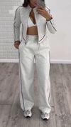 Womens Round Neck Vertical Zipper Coat + Pants Casual Suit