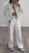 Womens Round Neck Vertical Zipper Coat + Pants Casual Suit