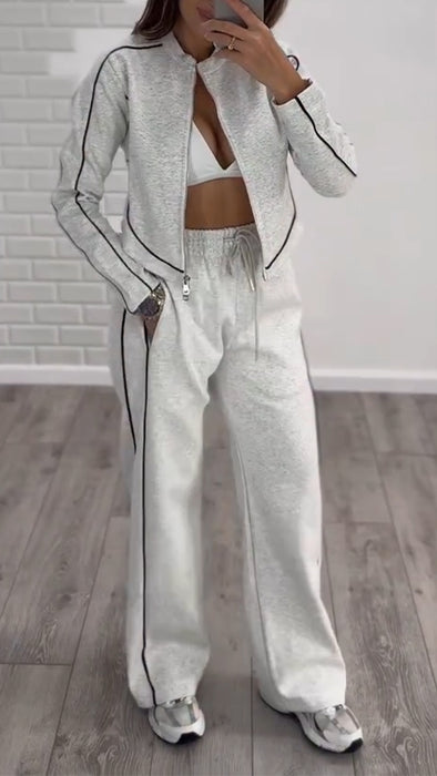 Womens Round Neck Vertical Zipper Coat + Pants Casual Suit