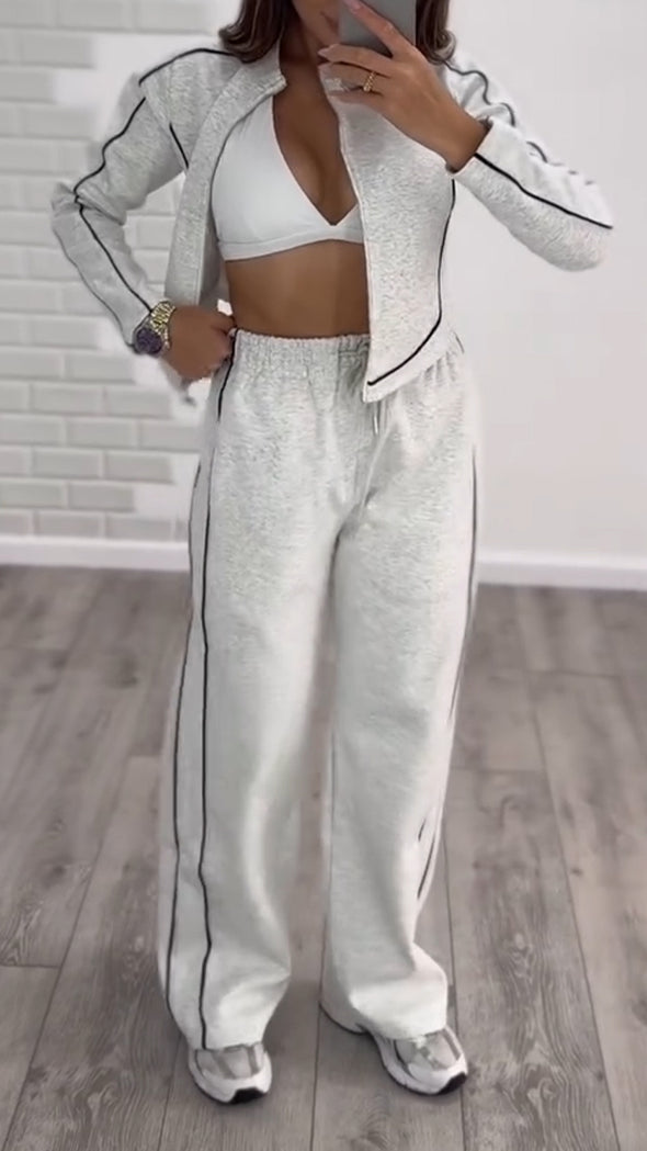 Womens Round Neck Vertical Zipper Coat + Pants Casual Suit