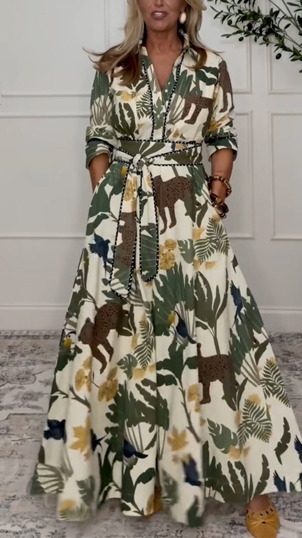 Women Lapel Waist-cinching Printed Casual Dress