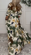 Women Lapel Waist-cinching Printed Casual Dress