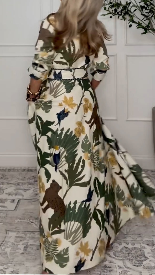 Women Lapel Waist-cinching Printed Casual Dress