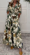 Women Lapel Waist-cinching Printed Casual Dress