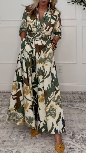Women Lapel Waist-cinching Printed Casual Dress