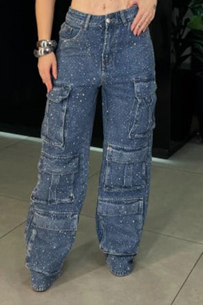 Womens Hot Diamond Splicing Multi-pocket Casual Jeans