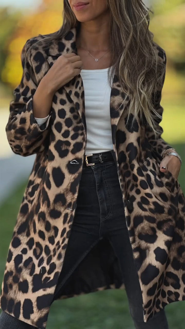 Women Lapel Leopard Print Casual Coat