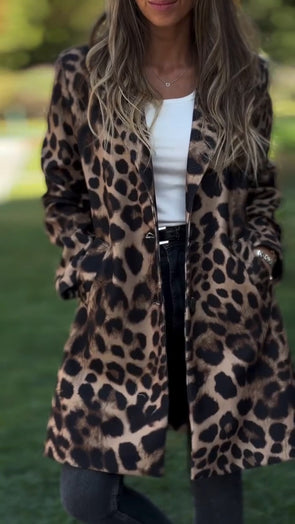 Women Lapel Leopard Print Casual Coat