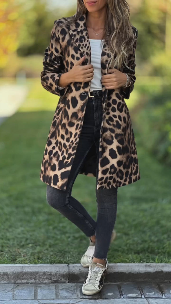 Women Lapel Leopard Print Casual Coat