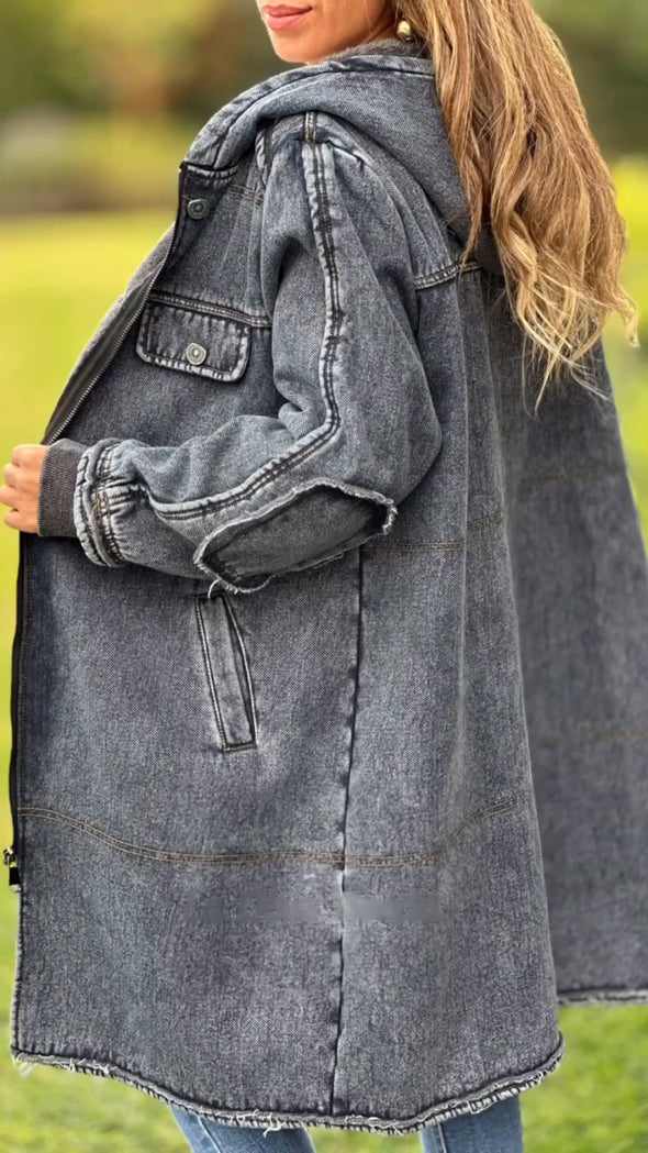 Women Round Neck Hooded Inner Fleece Spliced Casual Coat
