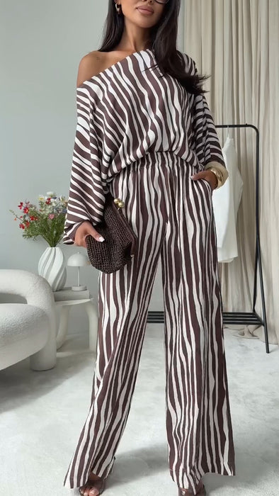 Womens Round Neck Vertical Pattern Casual Set