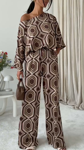Womens Round Neck Printed Loose Casual Suit