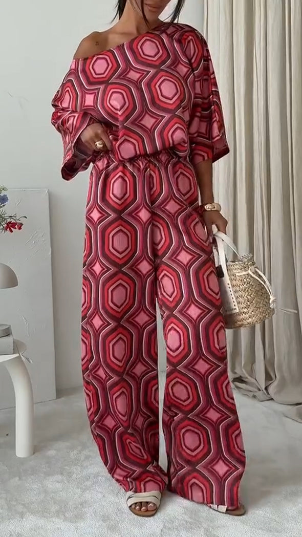 Womens Round Neck Printed Loose Casual Suit