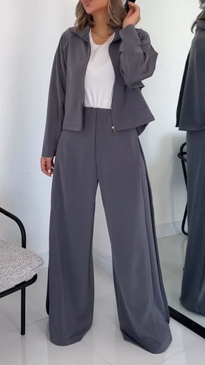 Women Lapel Coat+ Pants Solid Color Casual Suit