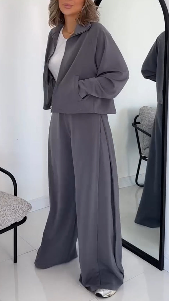 Women Lapel Coat+ Pants Solid Color Casual Suit