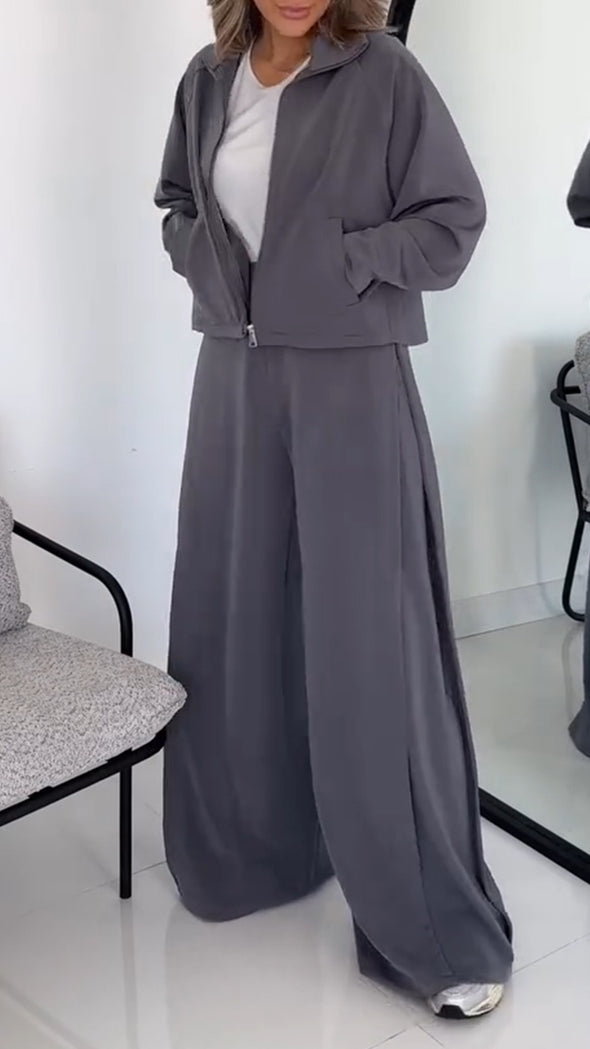 Women Lapel Coat+ Pants Solid Color Casual Suit