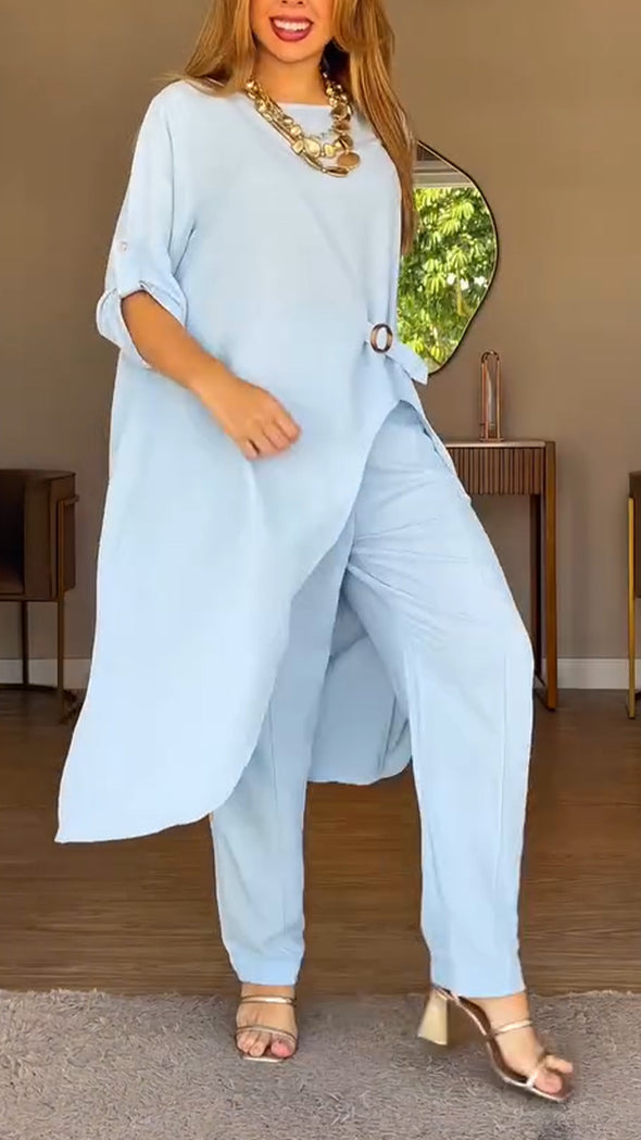 Womens Round Neck Irregular Top + Pants Casual Suit