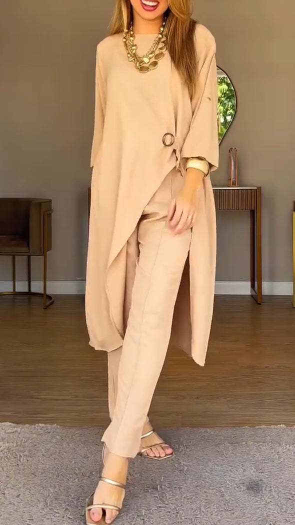 Womens Round Neck Irregular Top + Pants Casual Suit
